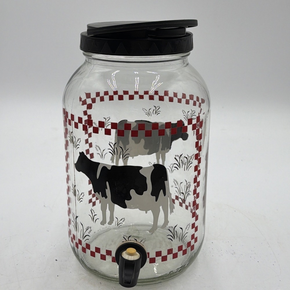 Vintage Holstein Cow Gallon Glass Sun Tea Jug Jar Dispenser W/Spout Grandma Core